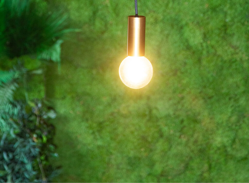 Über einer gepflegten Rasenfläche mit einem Blumenbeet links hängt eine leuchtende Glühbirne.
